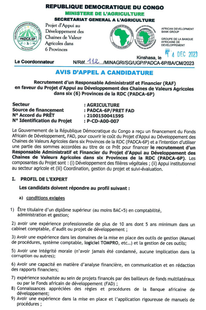 RESPONSABLE ADMINISTRATIF ET FINANCIER RAF EN FAVEUR DU PADCA