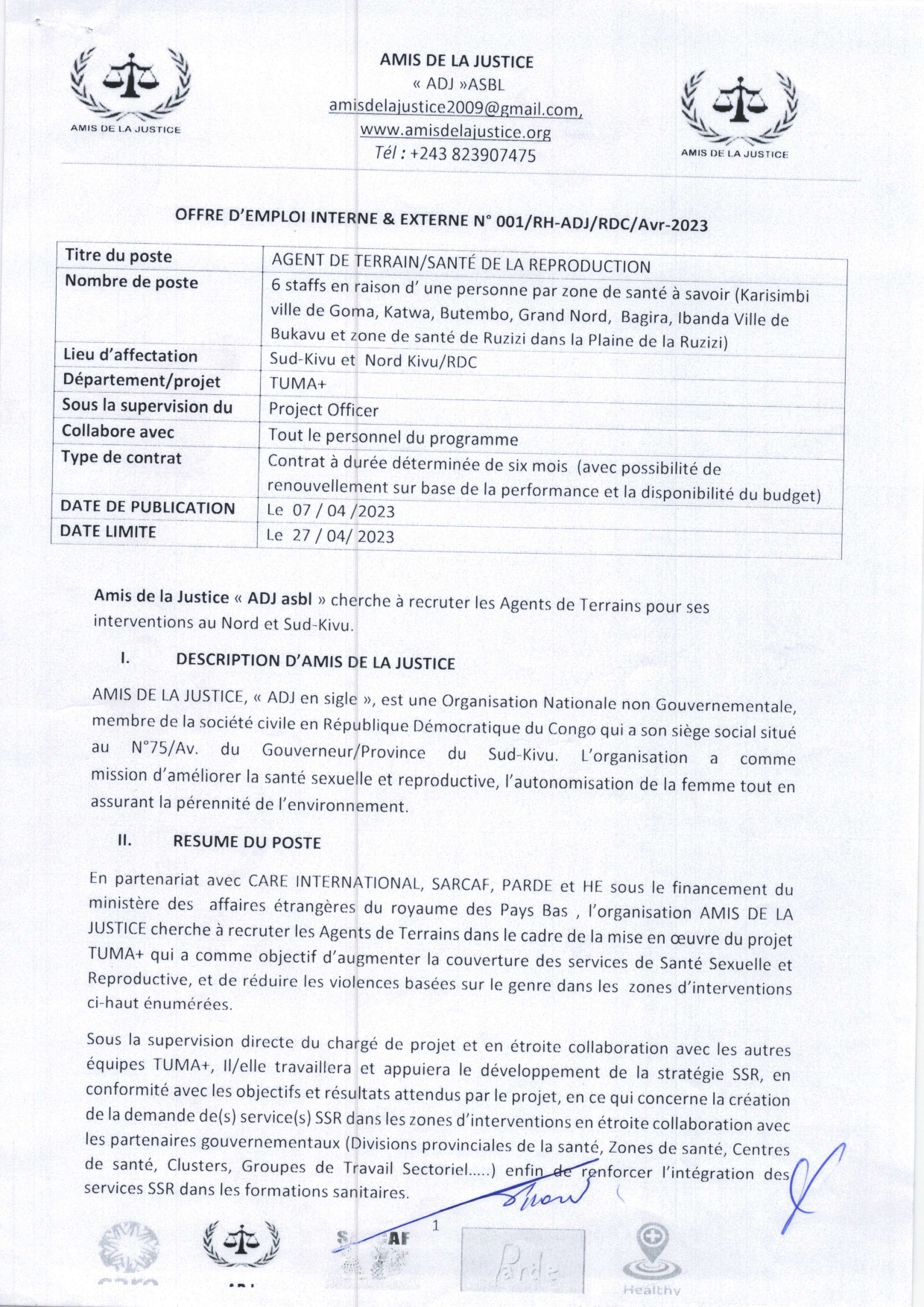 AGENT DE TERRAIN/SANTE DE LA REPRODUCTION - Congo Pub Online